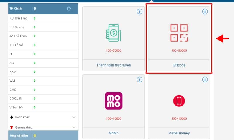 Chọn phương thức thanh toán Kubet QR Code